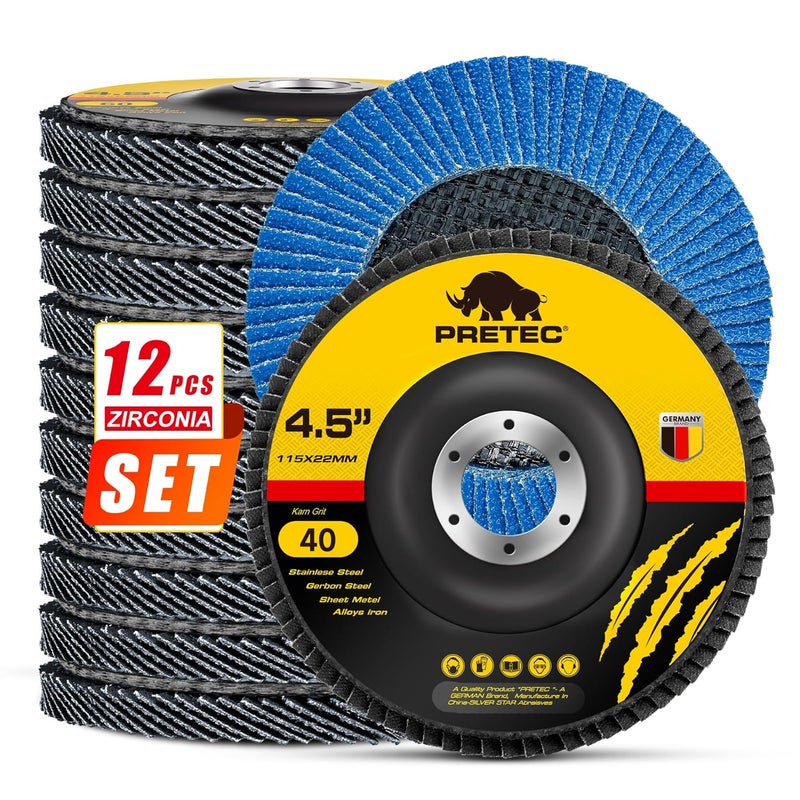 PRETEC Flap Discs 4 1/2 for Angle Grinder, 12 Pcs Flap Discs 40 Grit, 4.5" x 7/8" High Density Zirconia Type 27 Flap Sanding Disc for Grinding, Rust Removal, Sanding and Finishing - 12 Packs - Image 1